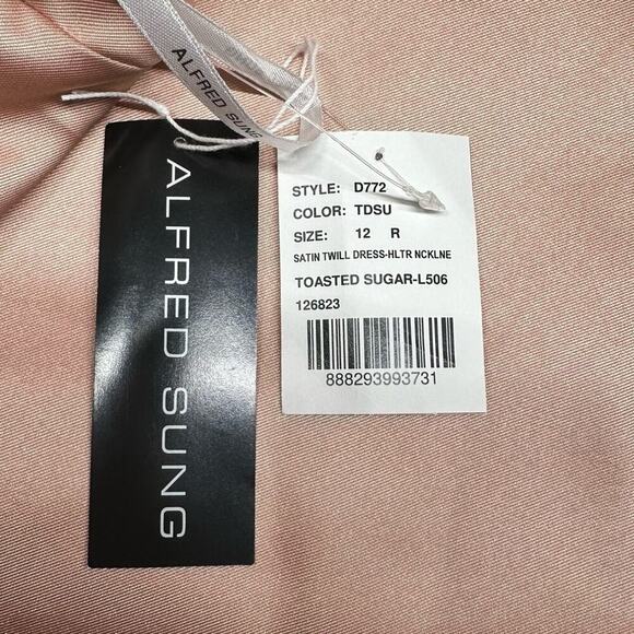 NWT | Alfred Sung | High-Neck Cutout Satin Dress | Toasted Sugar | 12R - Picture 15 of 15